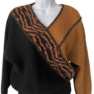 Vintage Spirit Colorblock Camel and Black Sweater | V Neck | Zebra | Tiger